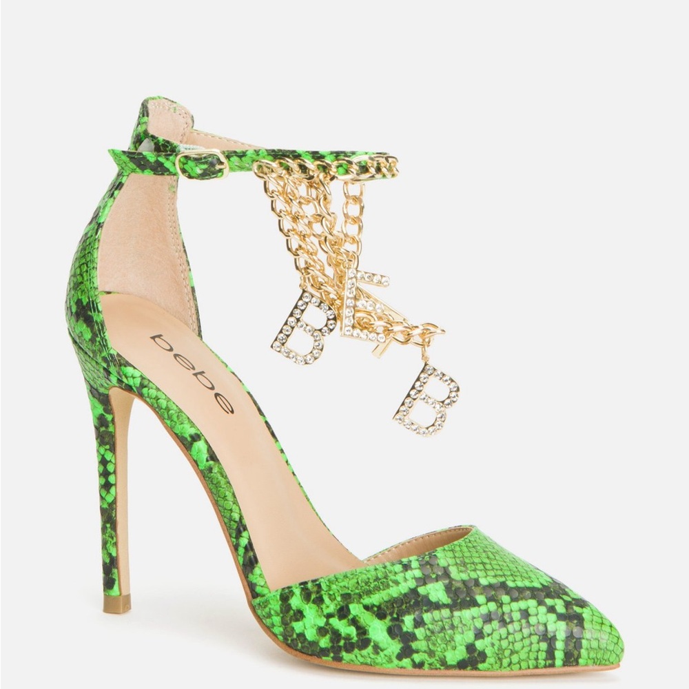 Bebe Vibrant Green Snake Print Heels. NEVER WORN